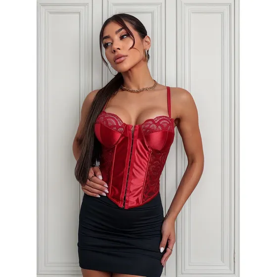Corselet Cropped Top Celine Acetinado Com Renda