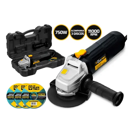 Esmerilhadeira Lixadeira Angular 750w 4.1/2 Pol 115mm 11000rpm Com Maleta E Discos Bta780d The Black Tools Preto 127v 50/60hz