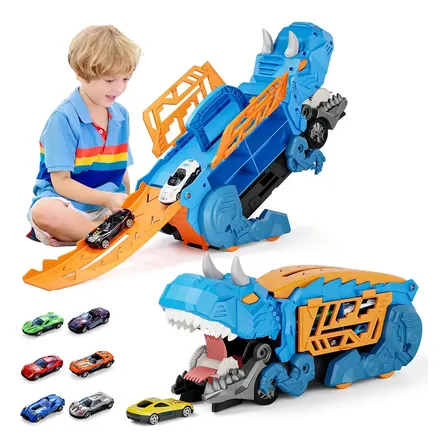 Caminhão Dinossauro Pista Com Carrinhos Maleta Transporte Azul-celeste