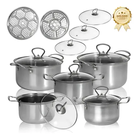 Jogo De Panelas 7 Pecas Aço Inox Indução Versão Espessada Prateado