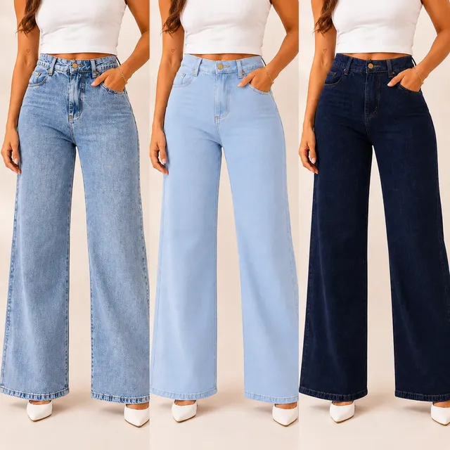 Kit 3 Calças Jeans Pantalona Wide Leg Feminina Cintura Alta Marmorizada Clara E