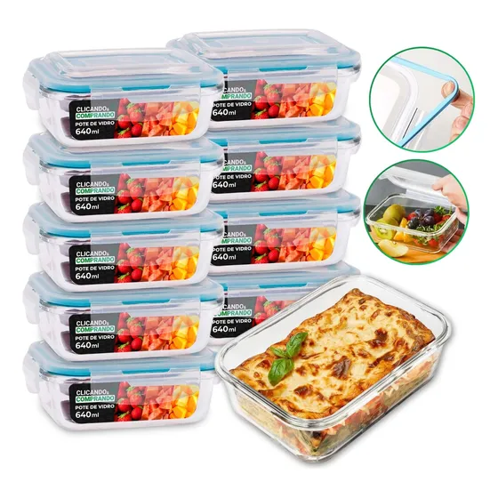 Kit 10 Potes De Vidro Retangular Com Tampa Hermética 640ml Branco