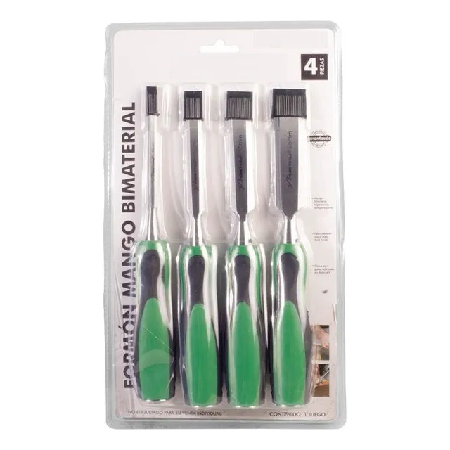 4 Piezas Formon Para Carpintero Mango Bimaneral Ergonómico Y Antiderrapante 25 Cm De Largo Acero #45 Sae 1045 Casco Para Golpe Fabricado En Acero A3. 6, 12, 18 Y 25 Mm