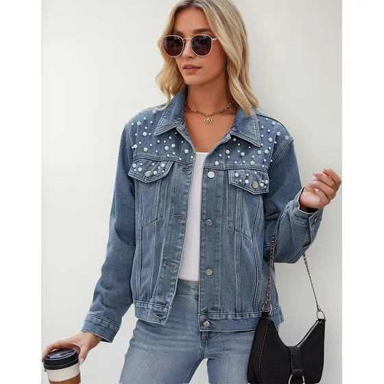 Abrigo De Chaqueta De Perlas De Mezclilla Para Mujer Moda
