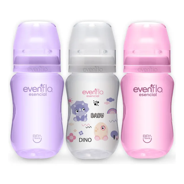 Set De Biberones Evenflo Cuello Ancho 270ml 3 Piezas Rosa Neutral