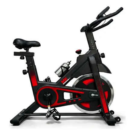 Bicicleta Ergométrica Spinning Mecânica MKFIT Premium Silenciosa Roda de Inércia 10 kg Suporta 150 kg Estrutura em Aço Transmissão por Correia Banco Guidão Ajustáveis Painel LCD Porta Garrafa Vermelha