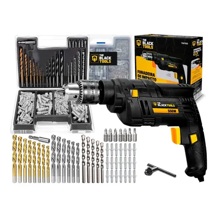 Furadeira De Impacto Elétrica 3/8 10mm 550W 2800 Rpm C/ Acessórios + Kit 300 Peças De Brocas Buchas Bits The Black Tools