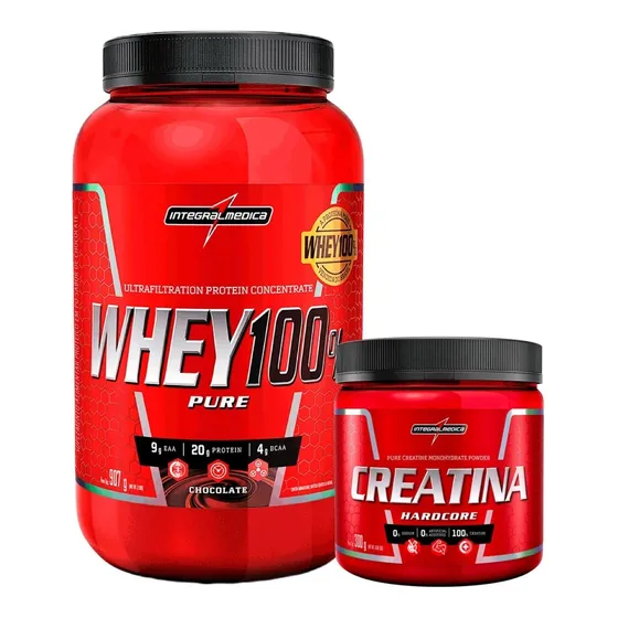 Kit Whey 100% Pure 900g Pote Creatina 300g Integral Médica
