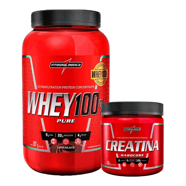 Kit Whey 100% Pure 900g Pote Creatina 300g Integral Médica