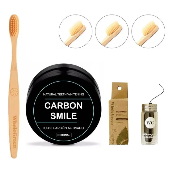 Kit Blanqueador Dental Carbon Smile + Cepillo Bambu + Hilo
