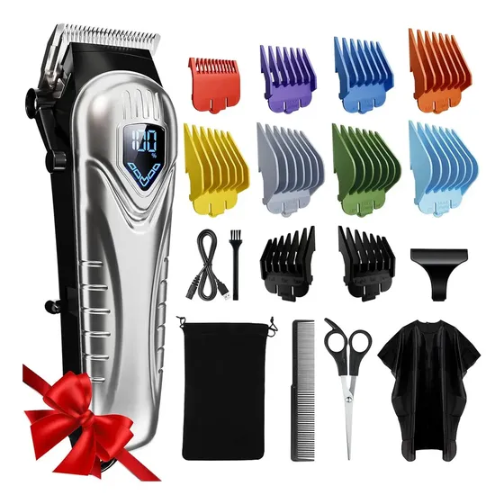 Máquina De Cortar Cabelo Profissional Sem Fio, Com Usb Recarregável, Com Indicador Led, Conjunto De 10 Pentes, Barbear Elétricas, Prateado