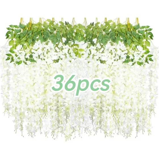 Flores Artificial Wisteria 36pzs 1.1m Decoración Fiesta Boda Color Blanco ,Guirnaldas de Flores Artificiales de Glicina，Flor de Plastico Artificial para Hogar, Boda, Fiesta, Jardín, columpios