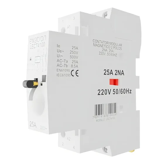 Contator Modular Bipolar Chave 25a 2na 2 Polos 2p 220V Contatora Exatron LECT4100 Trilho DIN35