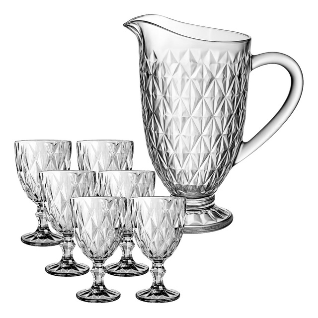 Kit 6 Taças Diamond 260ml + Jarra Diamante 1,2l Vidro Água Kit 6 Taças Diamond 260ml + Jarra Diamante 1,2l Vidro Água