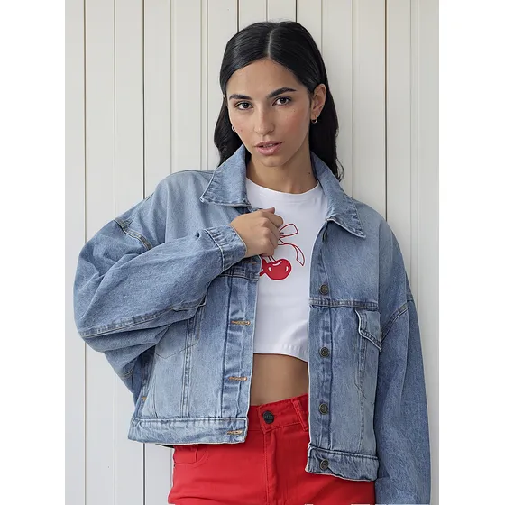 Campera Jeans Denim Oversize Mujer Celeste Localizada.