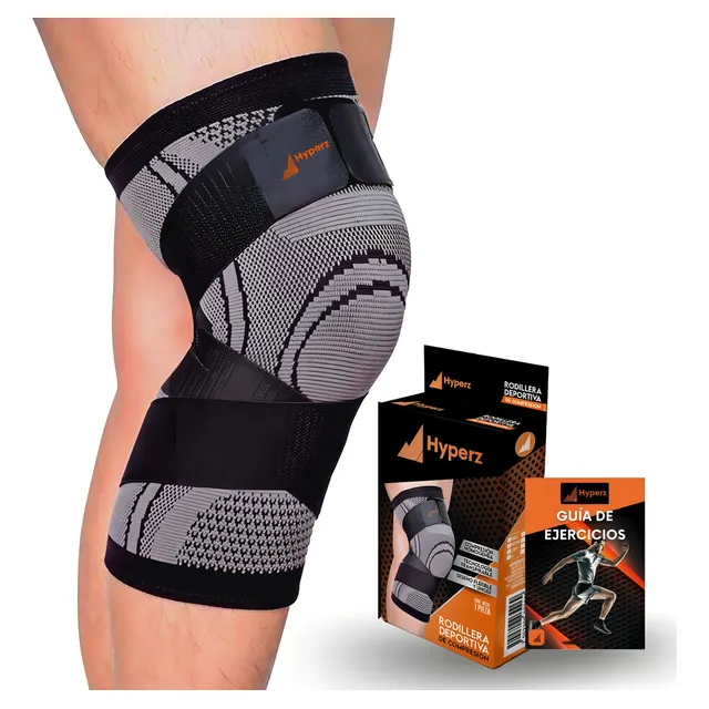 Hyperz.- Rodillera Deportiva De Compresión Ideal para Gym y Crossfit Ortopédica Ajustable y Elastica para dar Soporte a la Rodilla Color Negro Talla L Grande