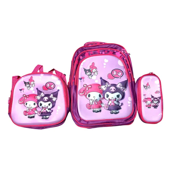 Bolso Morral Escolar Lonchera Térmica Y Cartuchera 3d Kuromi