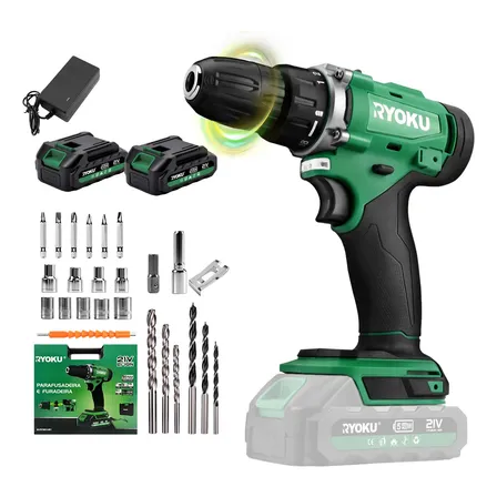 Parafusadeira Furadeira Elétrica 2 Baterias 21v 10mm Ryoku Verde 127/220v