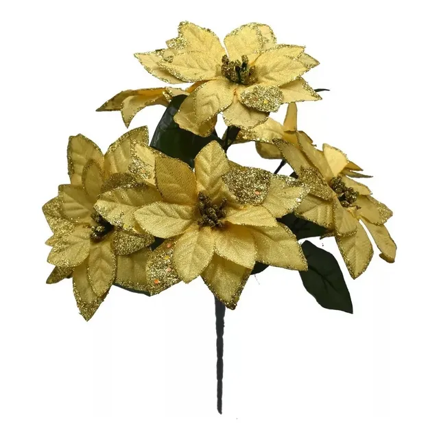 Ramo Nochebuena Roja Y Dorado Con 6 Flores 35 Cm Pack 12 Pz