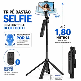 Tripé Para celular Bastão Selfie 1,80m Rastreamento Facial IA 360° Controle Blue