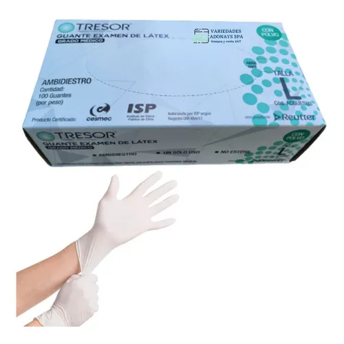 Guante Latex Tresor Talla L Caja X 100 Un. Certificación Isp