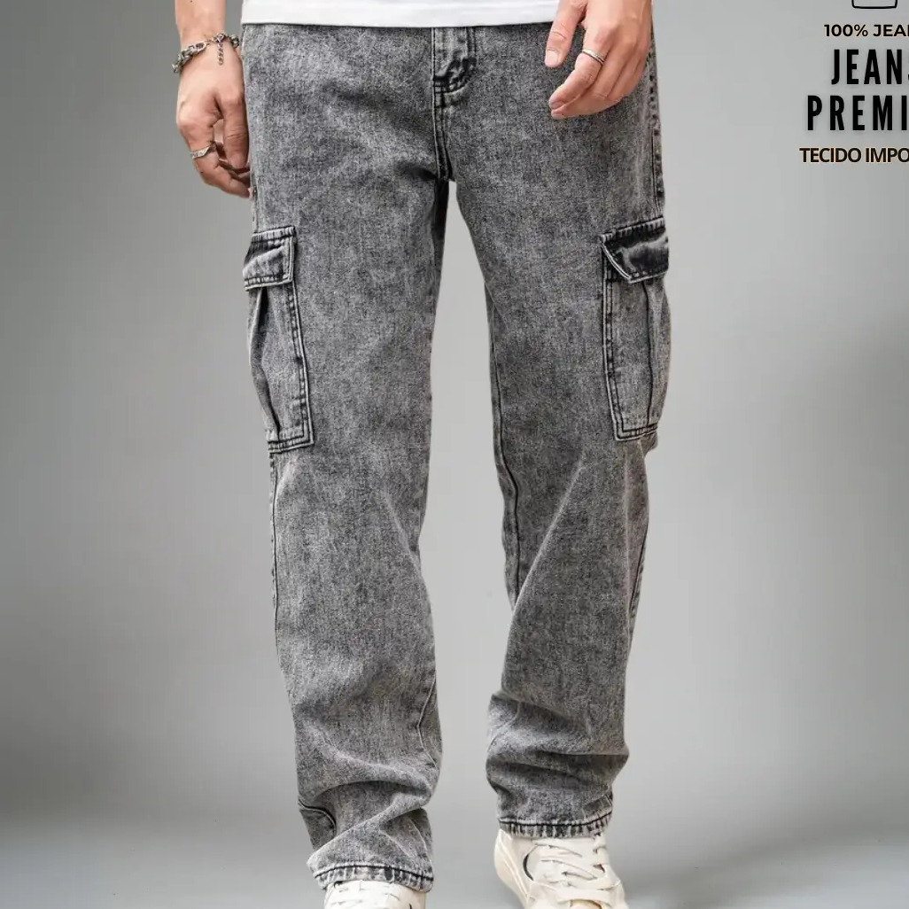 Calça Jeans Cargo Baggy Masculina Streetwear Mesclada P A Gg