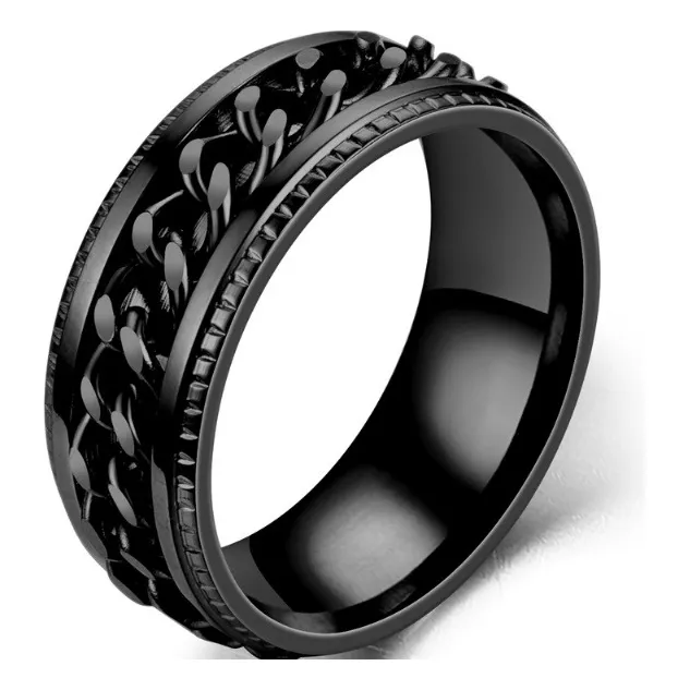 Anillo Negro Cadena Eslabones Acero Inoxidable Giratorio