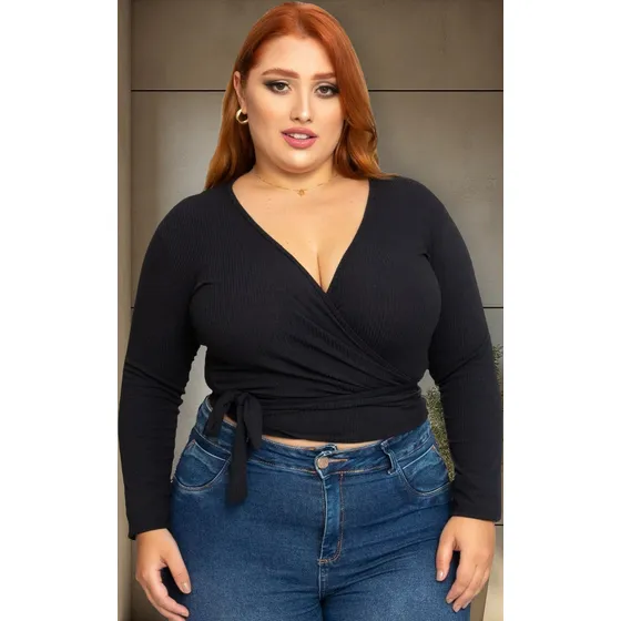 Blusa Feminina Envelope Transpassada Plus Size Decote V