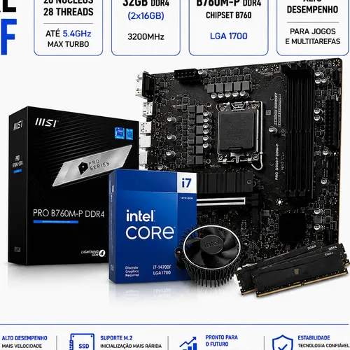 Intel Core i7-14700F B760M DDR4 32GB 4点 Kit Upgrade I7 14700 + Placa Mãe B760m + 32gb Ddr4 Preto