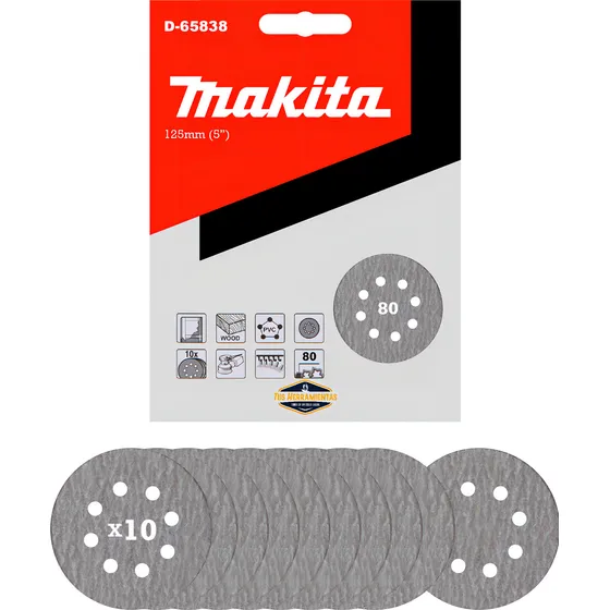 10 Discos Lija Velcro 125mm (5'') Grano 80 Makita D-65838