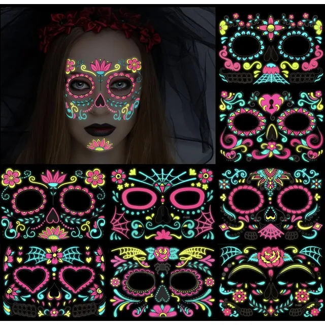 Face Tattoo Temporal Facial Neon Disfraz Fiesta Catrina Mask