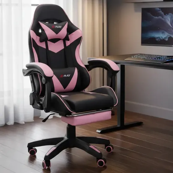 Cadeira Gamer Profissional Reclinável Apoio De Pés X-ray Top Cor Rosa Material Do Estofamento Couro Sintético