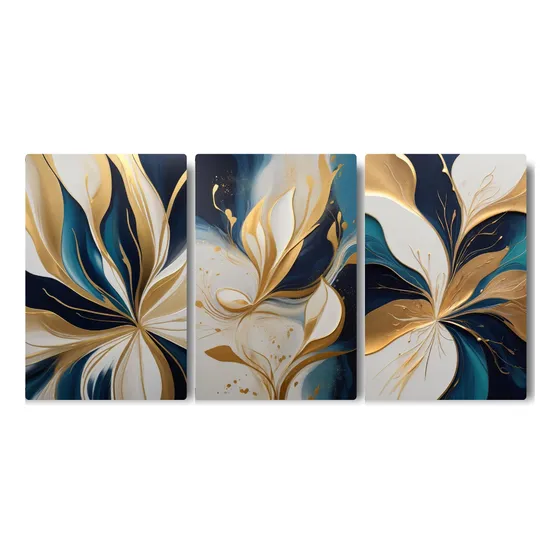 Triptico Lienzo Barato 111 X 55 Cm - Abstracto Dorado Azul