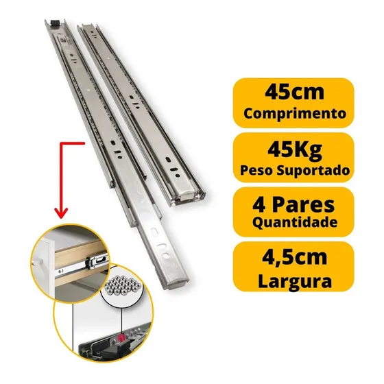 Corrediça Telescópica P/ Gaveta Reforçada 45cm 4 Pares 45 Kg