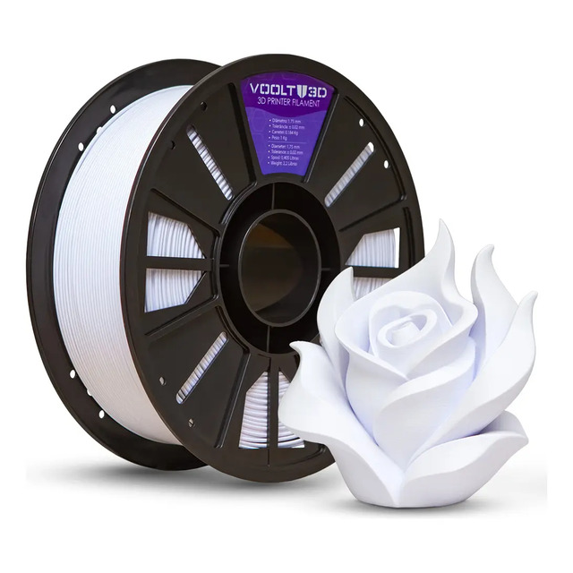 Carretel de filamento PLA Voolt3D na cor branca posicionado ao lado de uma escultura de rosa impressa em 3D