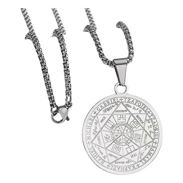 Collar Amuleto Sello 7 Arcangeles Cadena Acero Proteccion