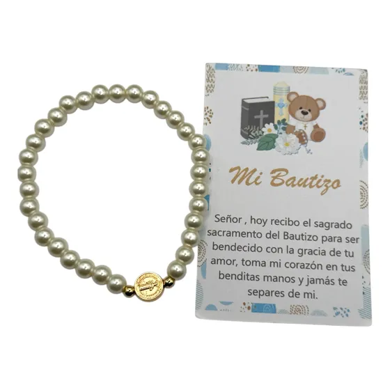 20 Pulseras Perla Recuerdo Medalla San Benito Tarjeta Bautizo Oso
