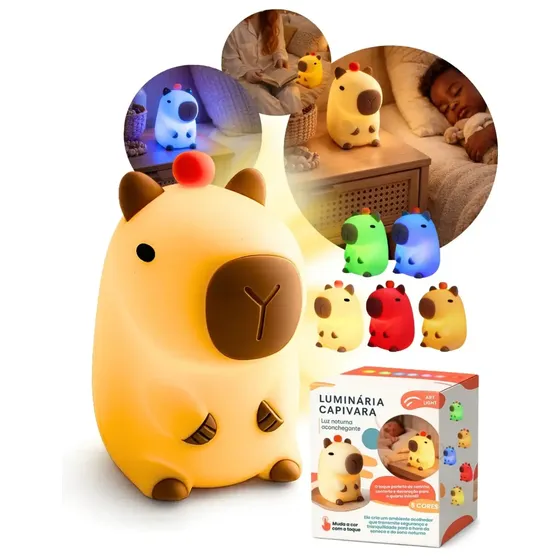 Luminária Capivara Abajur De Mesa Decorativa Para Quarto Infantil Led Toque Touch Luzes Noturna Recarregável Silicone Muda De Cor Presente Criança Cupula Luz Amarela Relaxante Dormir Bivolt Art Light