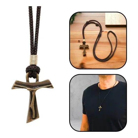 Colar Cordão Tau Franciscano Com Cristo Em Metal Dourado
