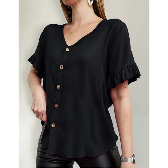 Camisa Lino Mujer Manga Corta Escote V Lisa Dama Botones