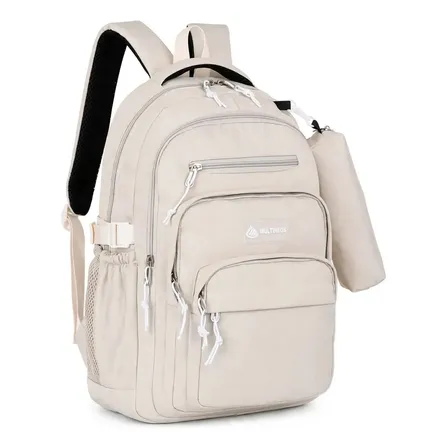 Mochila Feminina Escolar Passe Grande Capacidade Impermeável Cor Bege Desenho Do Tecido Logo