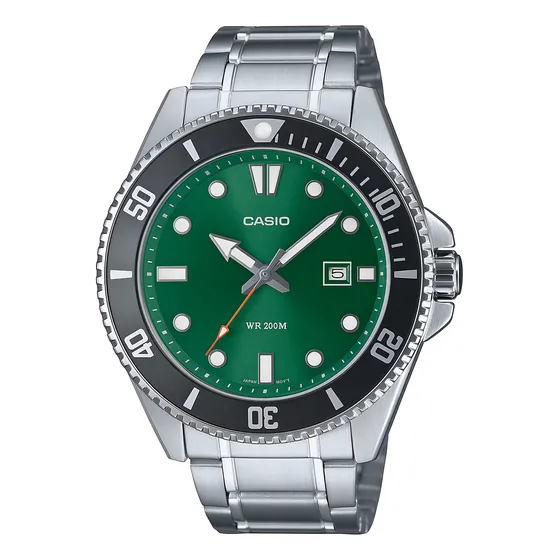 Relógio Casio Masculino Duro Mdv-107d-3a2vdf *200m Correia Prateado Bisel Preto Fundo Verde