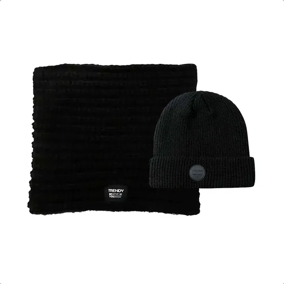 Kit Cuello + Gorro Trendy Lana Tejido Moda Suave Invierno Color Negro Diseño De La Tela Negro Talle Único