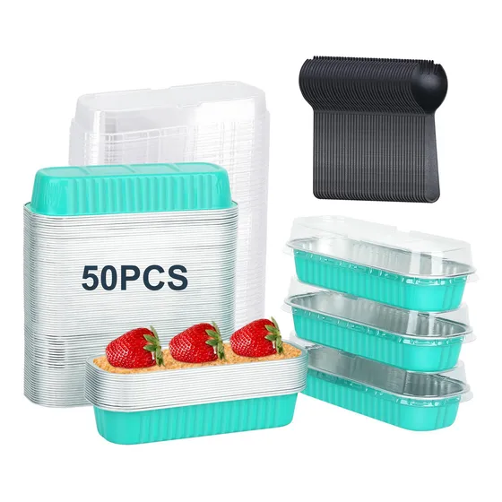 150 Pcs Moldes Desechables Para Hornear, Saiviek Moldes Rectangulares De Aluminio De 200ml, Mini Moldes Para Pasteles Con 50 Cucharas Y 50 Tapas, Mini Sartenes Para Hornear Para Minibrownie, Pastel