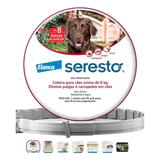 Coleira Seresto Elanco Antipulgas Cachorros Gatos +8kg 1unid Cor Cinza
