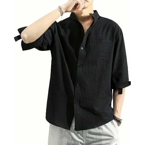Camisa Cuello Mao Lino Hombre Casual Mangas Largas Slim Fit