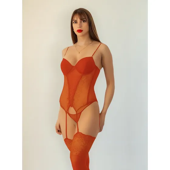 Corset De Puntilla Y Encaje Con Portaligas Lenceria Sexy