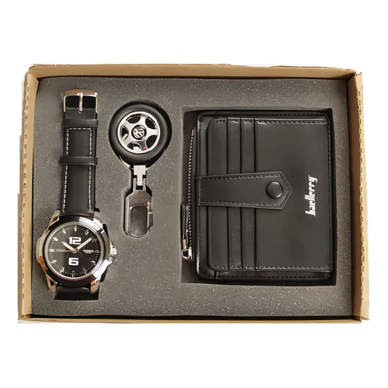 Set Reloj Hombre Yasole 3atm. Cartera Y Llavero Rin, Sport B Color De La Correa Negro/café
