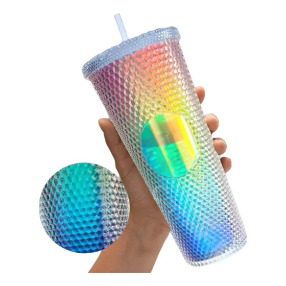 Vaso Acrílico Tumbler C/sorbete 710ml Tipo Starbucks C/luz Arcoiris Texturizado