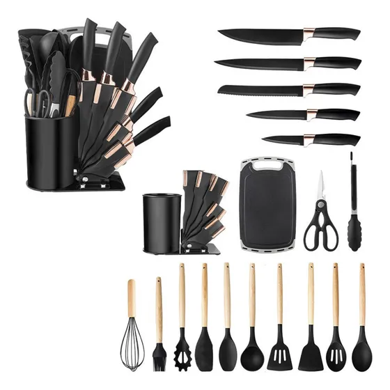 Kit Set X19 Utensilios De Cocina Mango Madera Antiadherentes